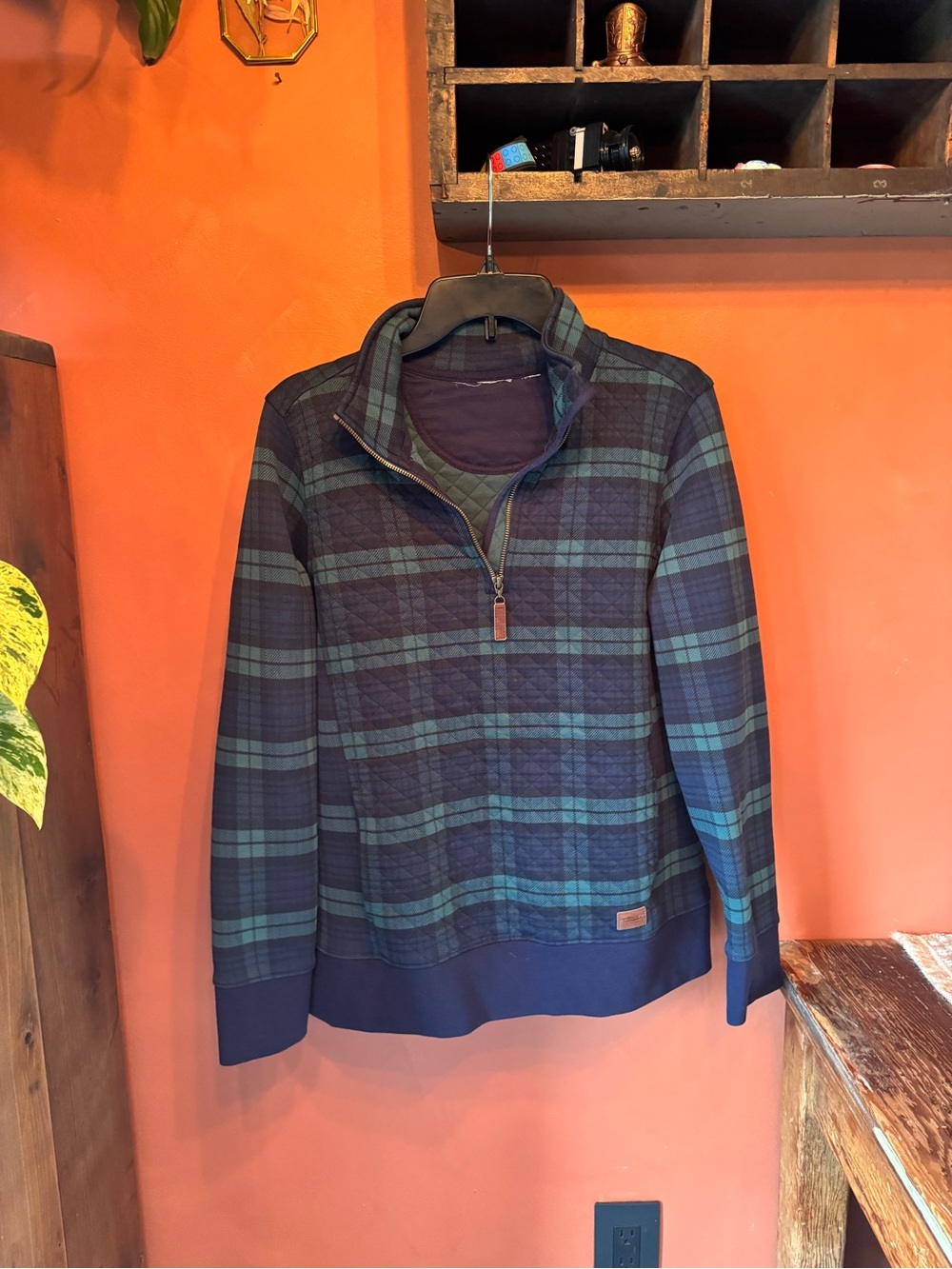 L.L. Bean Women's Navy & Green Plaid Half-Zip Sweatshirt